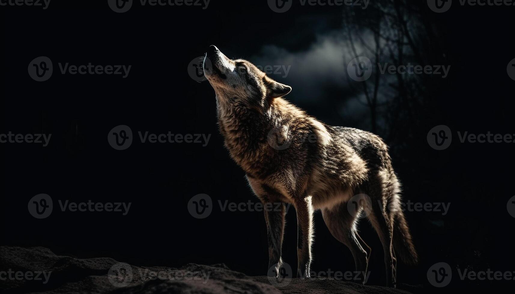 cinzento Lobo uivando dentro a noite, cheio comprimento, pele foco gerado de ai foto