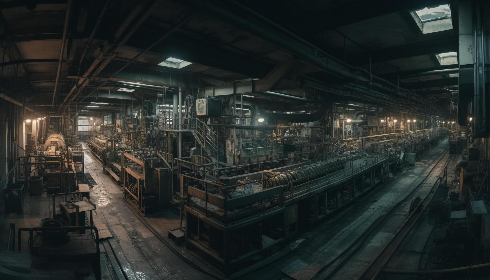 metal oficina dentro a velho industrial prédio, homens trabalhos com maquinaria gerado de ai foto