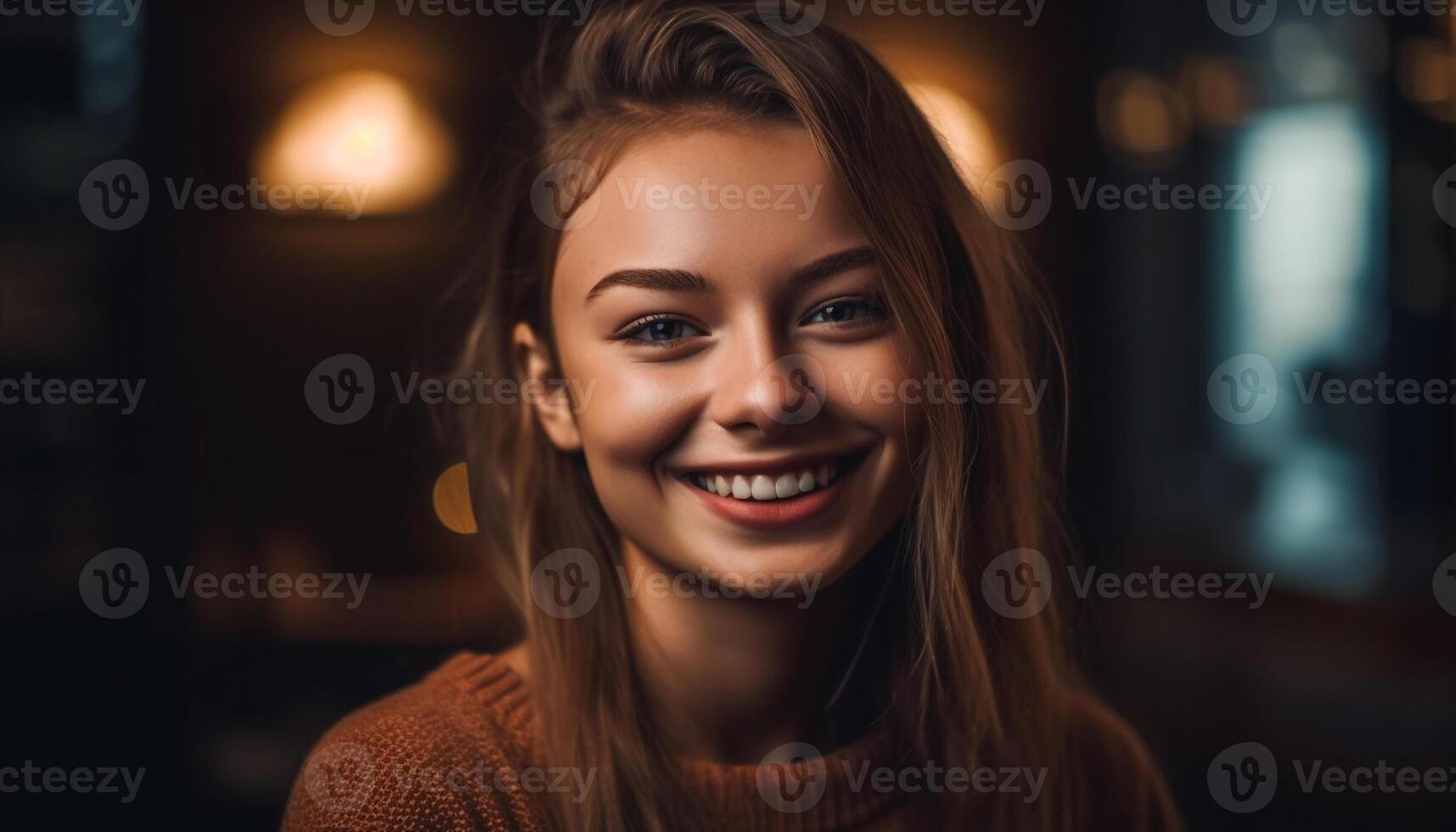 lindo jovem mulher com cheio de dentes sorrir olhando às Câmera dentro de casa gerado de ai foto