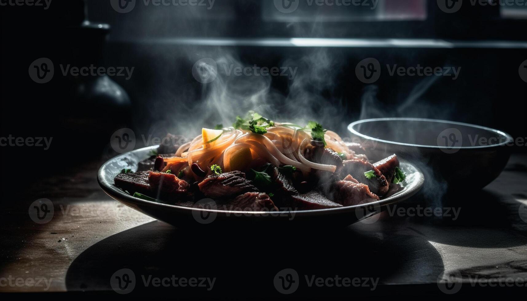 grelhado carne de porco e vegetal placa, saudável comendo com fresco ingredientes generativo ai foto