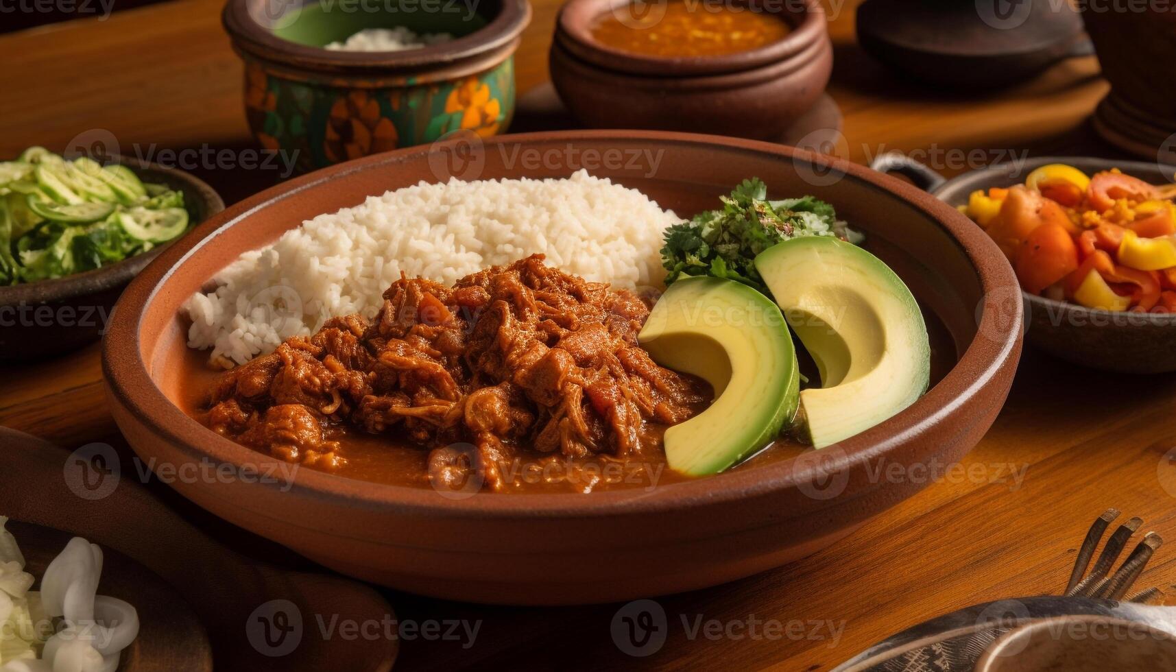 recentemente cozinhou carne ensopado com arroz, vegetais, e salgado molho generativo ai foto