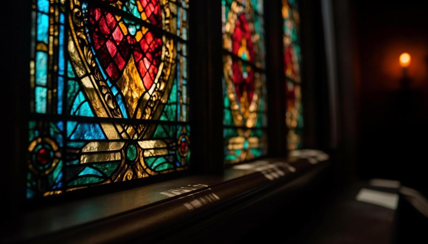 manchado vidro janela ilumina velho gótico capela, exibindo cristandade história generativo ai foto
