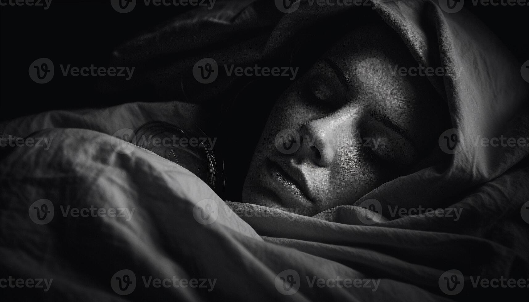 jovem mulher em repouso pacificamente em confortável cama, olhos fechadas gerado de ai foto