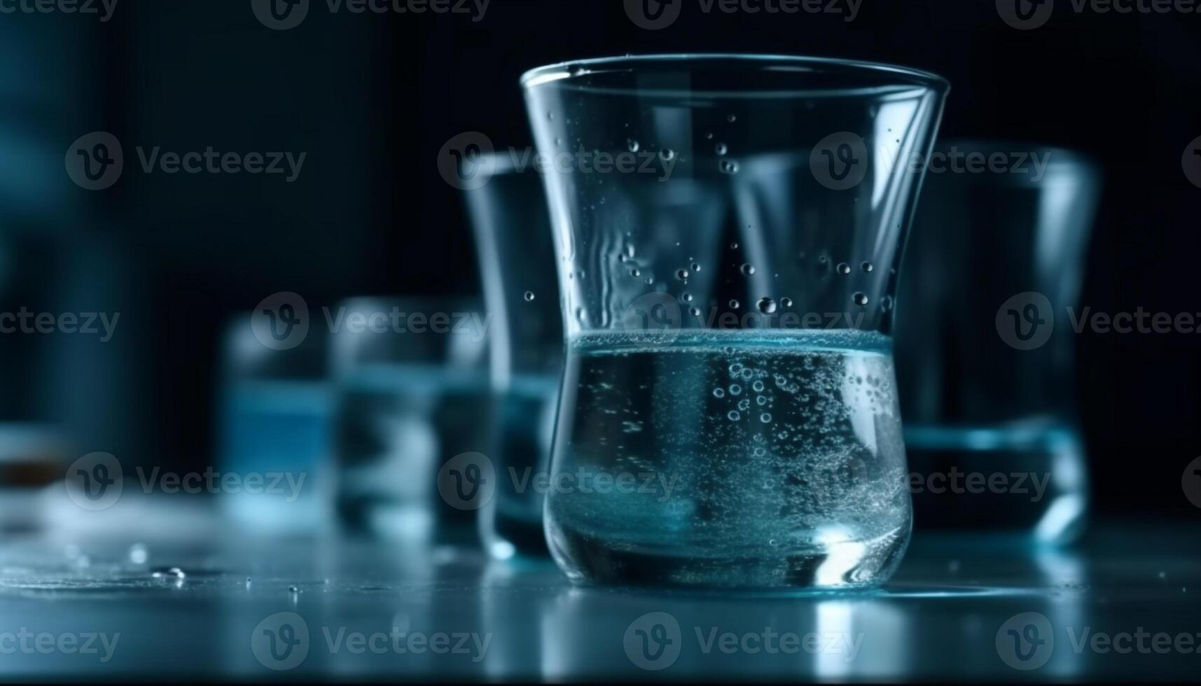 transparente vidro reflete azul fundo, fresco água sacia sede gerado de ai foto