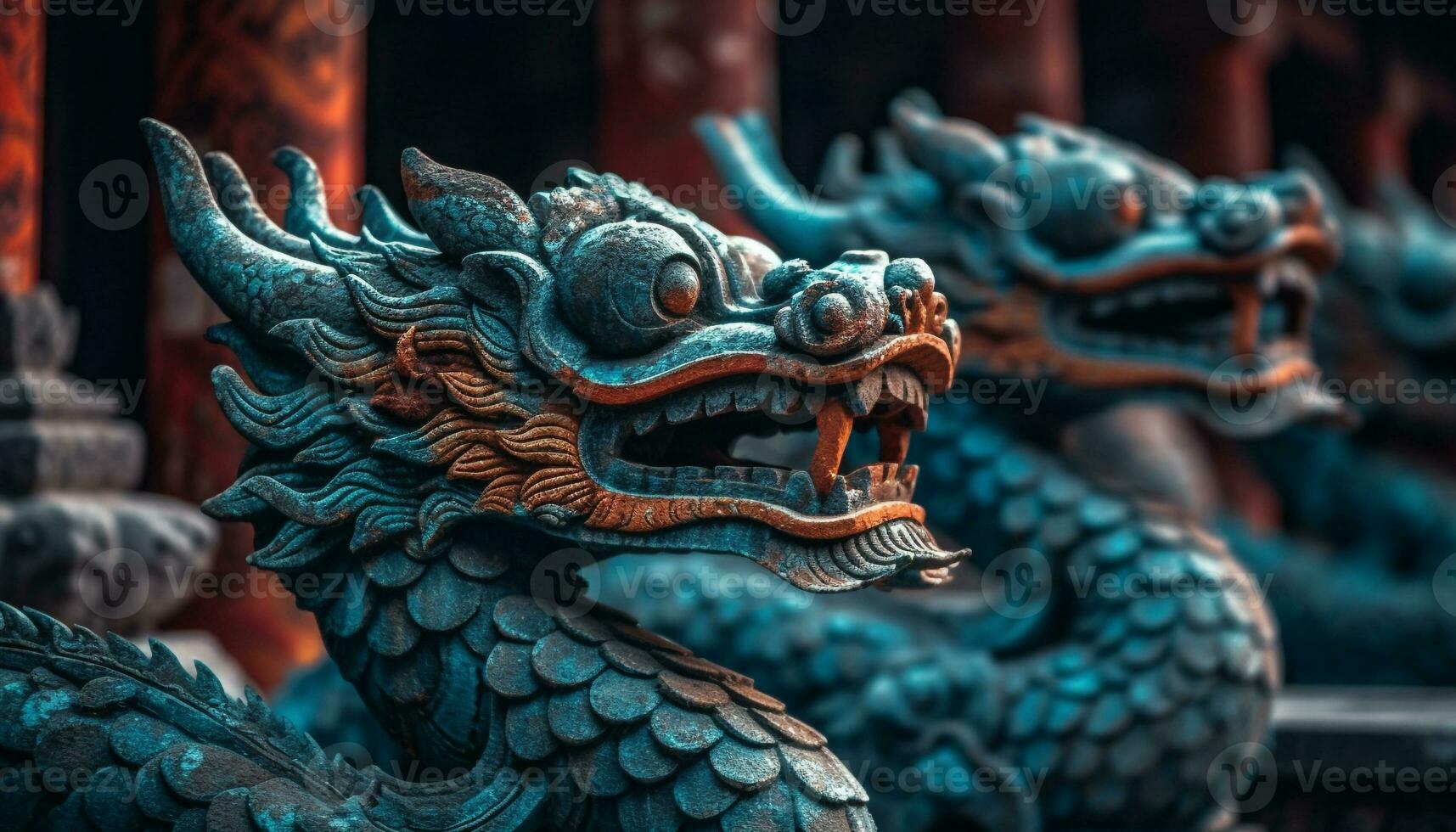 antigo chinês Dragão escultura decora famoso Pequim monumento, ornamentado decoração gerado de ai foto