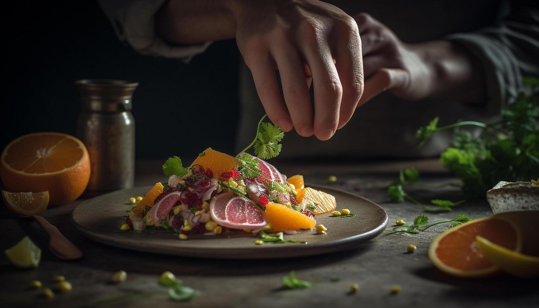 chefe de cozinha mão filetes fresco carne de porco com rústico cozinha faca gerado de ai foto