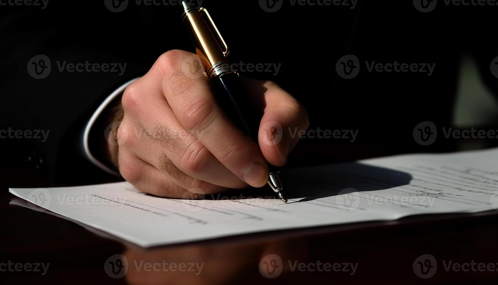 homem de negocios assinatura contrato com esferográfica caneta em documento às escritório gerado de ai foto