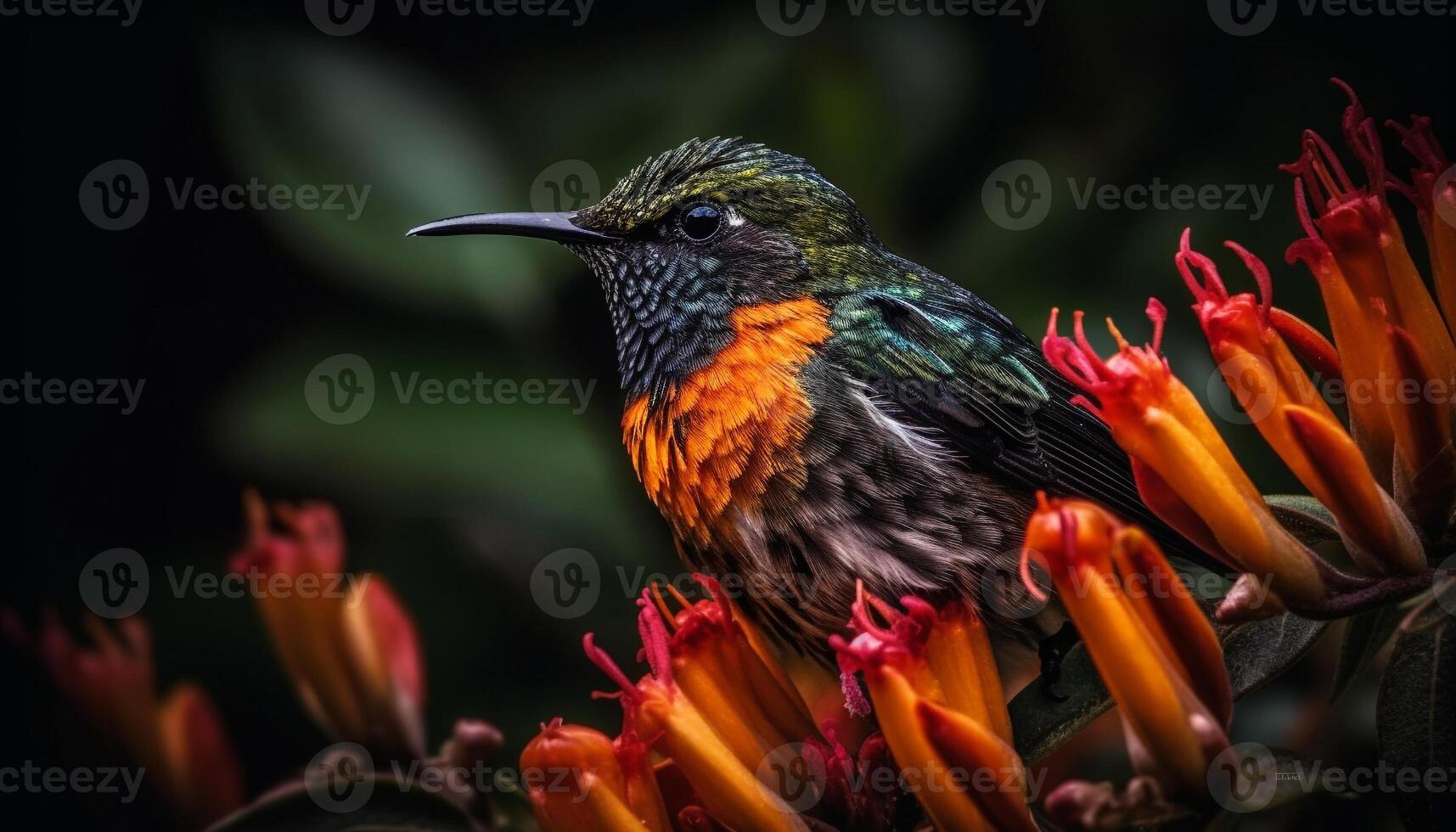 beija Flor empoleirar-se em filial, polinizando solteiro flor dentro tropical clima gerado de ai foto