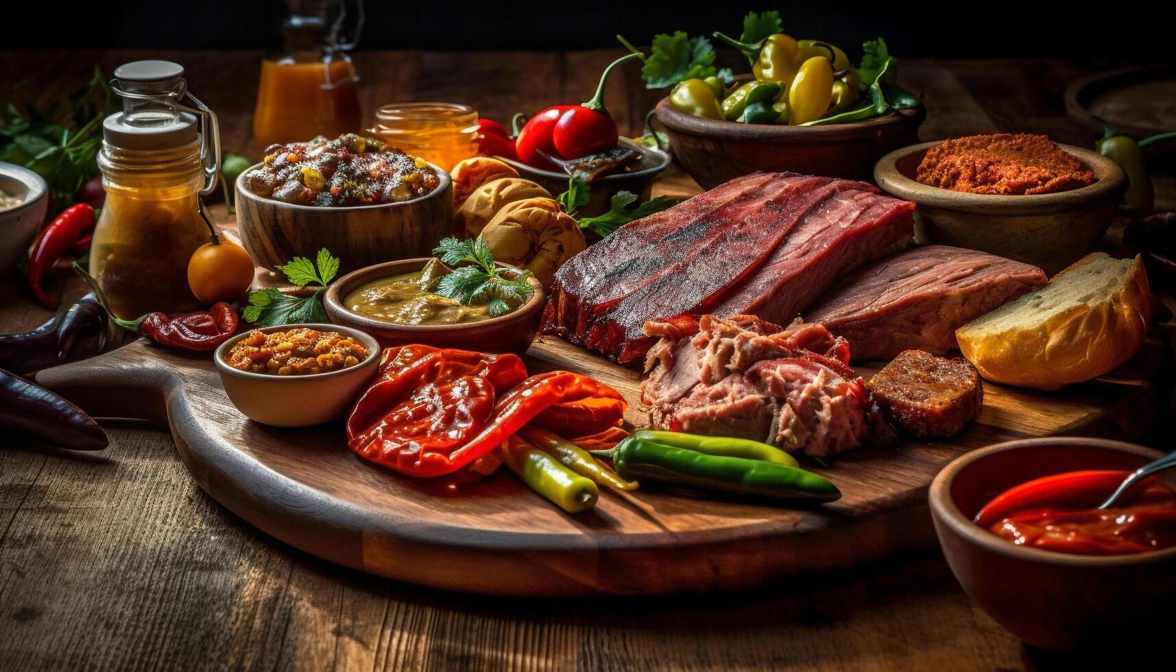 grelhado carne prato com fresco vegetais, uma rústico gourmet refeição gerado de ai foto