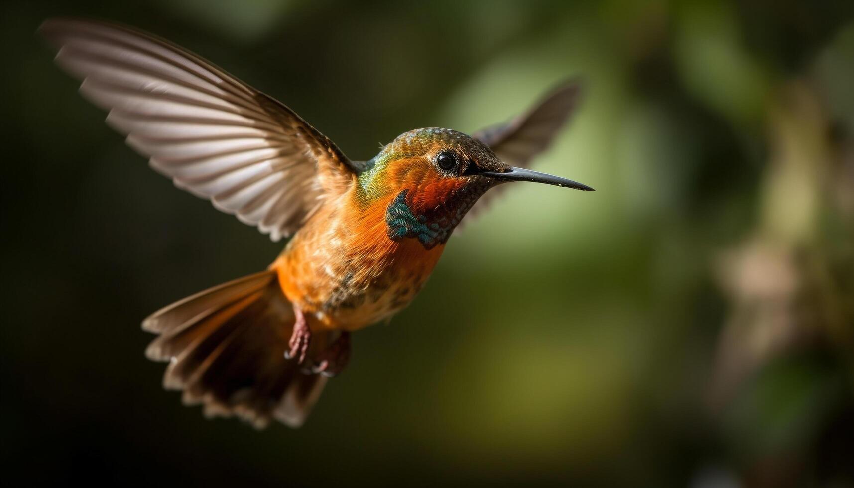 beija Flor pairando meio ar, espalhando iridescente multi colori asas para polinização gerado de ai foto