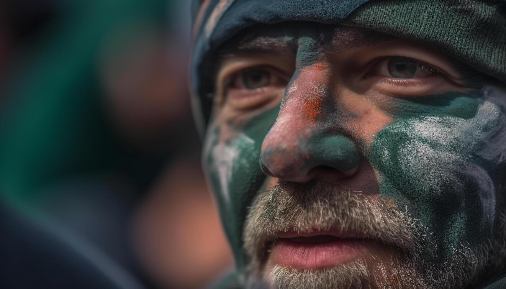 1 sério jovem adulto homem dentro camuflar olhando às Câmera gerado de ai foto