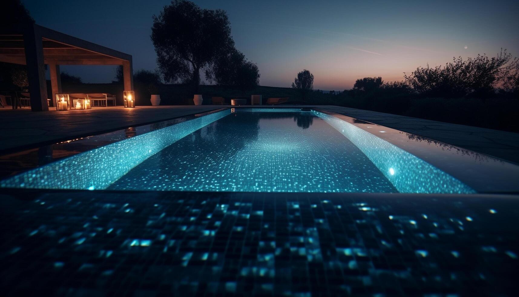 azul piscina reflete moderno arquitetura dentro tranquilo inverno pôr do sol cena gerado de ai foto