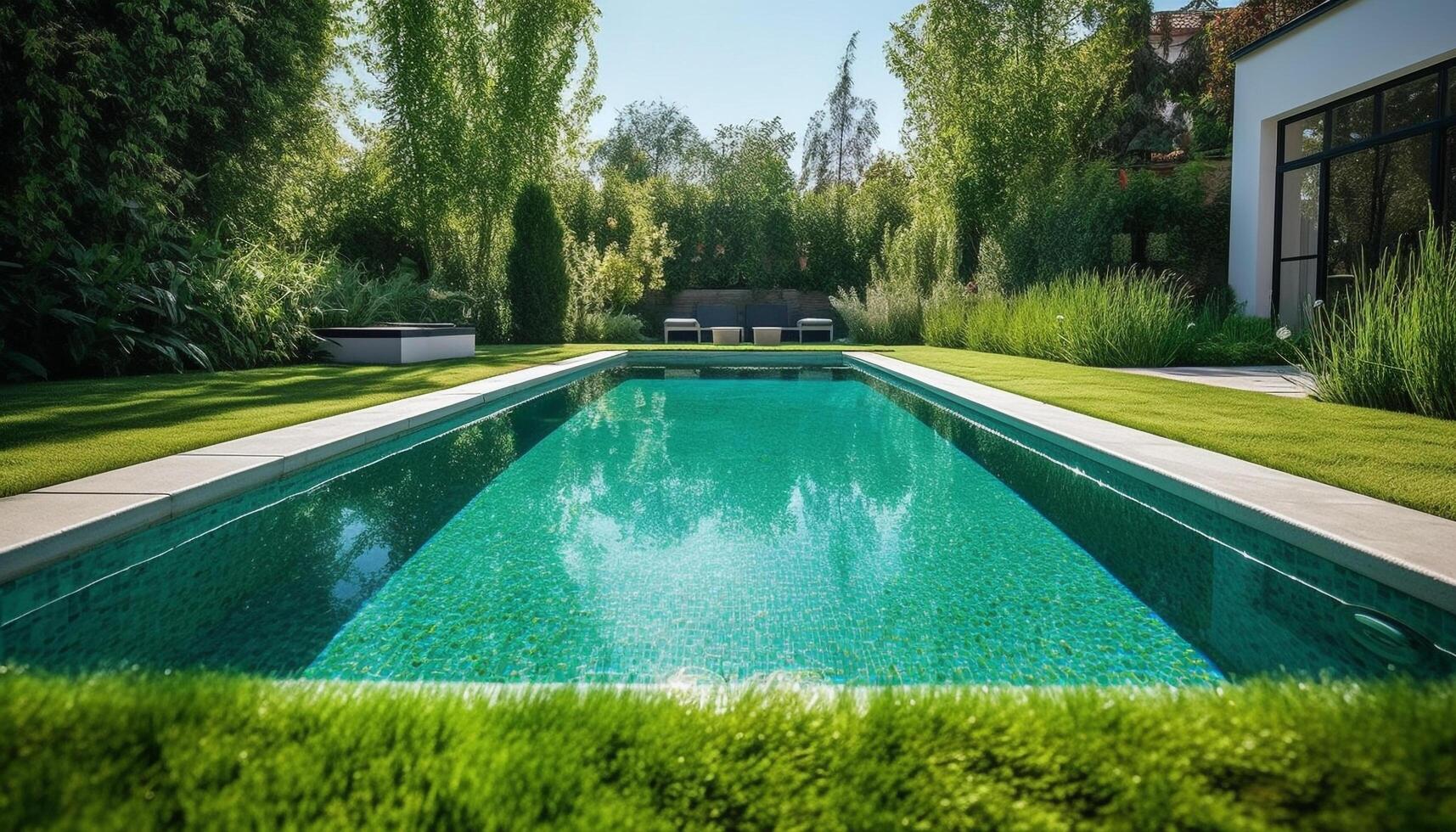 verde grama, azul piscina, moderno Projeto luxo relaxamento ao ar livre gerado de ai foto