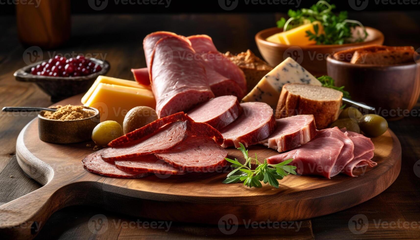 rústico carne prato com defumado carne de porco, salame, e prosciutto aperitivos gerado de ai foto