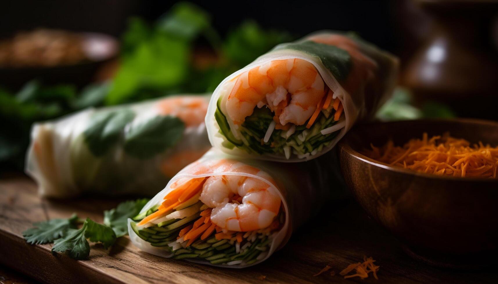 fresco frutos do mar Primavera lista Aperitivo em de madeira prato com legumes gerado de ai foto