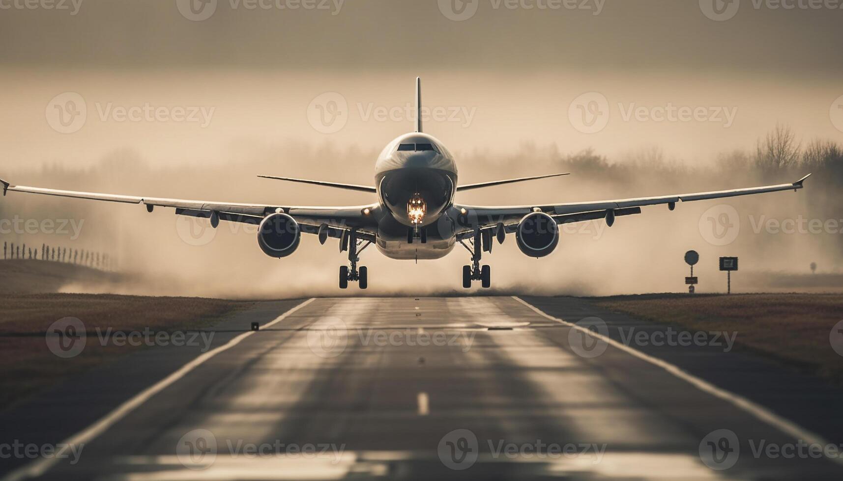 vôo avião levando fora às crepúsculo em aeroporto pista gerado de ai foto