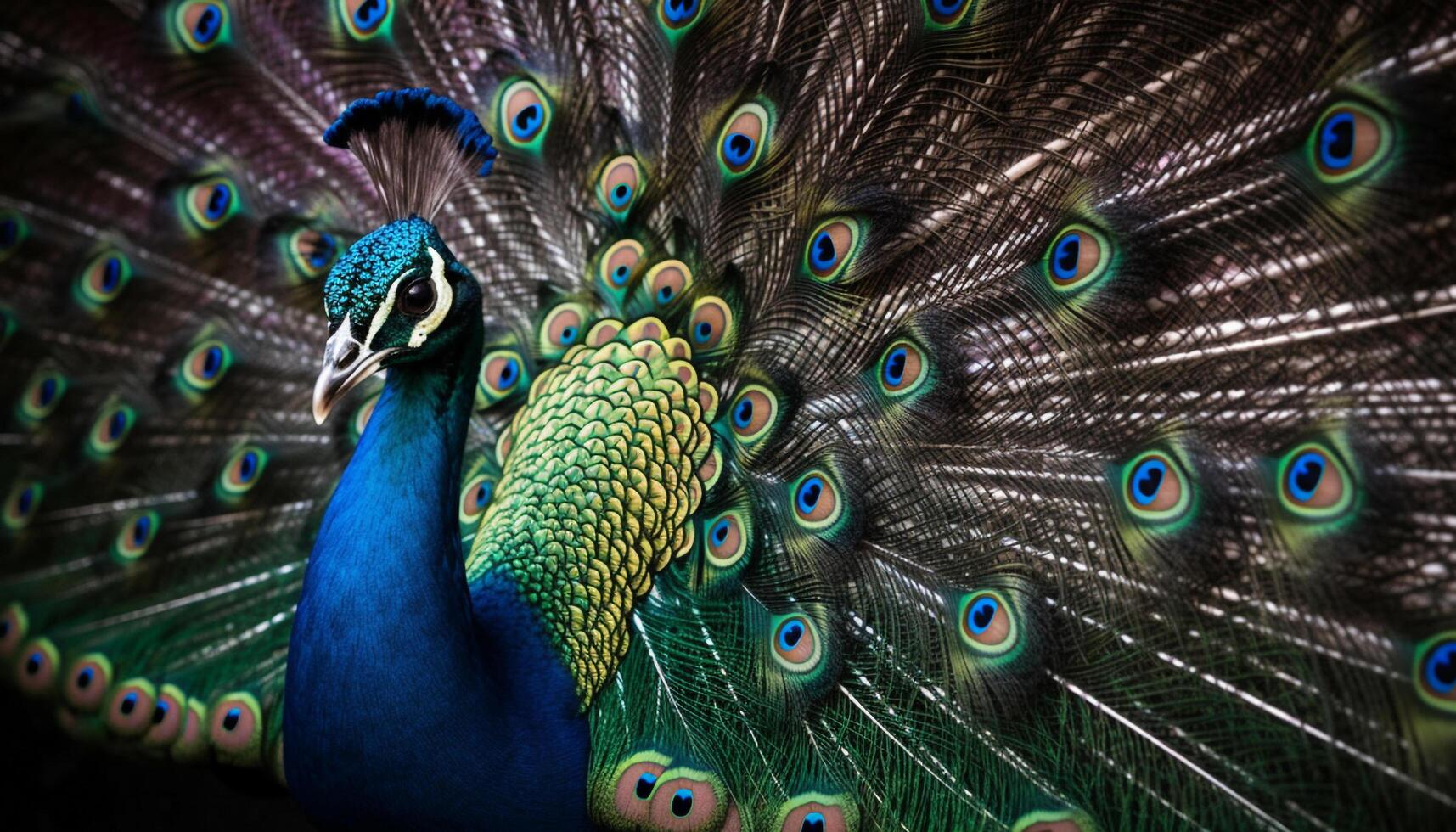 majestoso pavão monitores ornamentado multi colori penas dentro fechar acima retrato gerado de ai foto