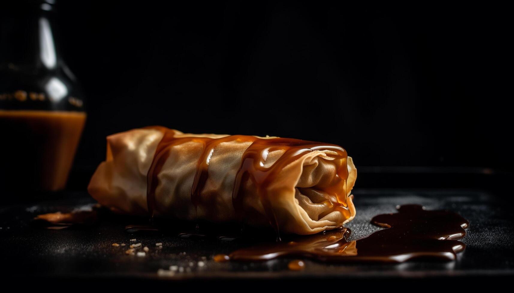 recentemente cozinhou gourmet Primavera rolos em rústico de madeira prato gerado de ai foto