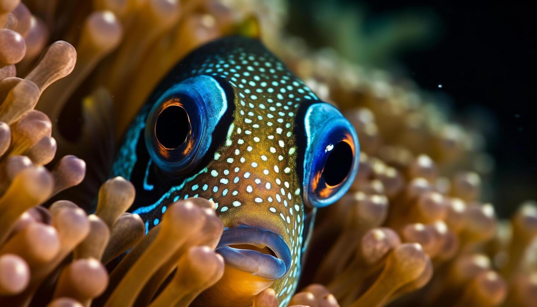 fechar acima do palhaço peixe dentro multi colori coral recife embaixo da agua gerado de ai foto