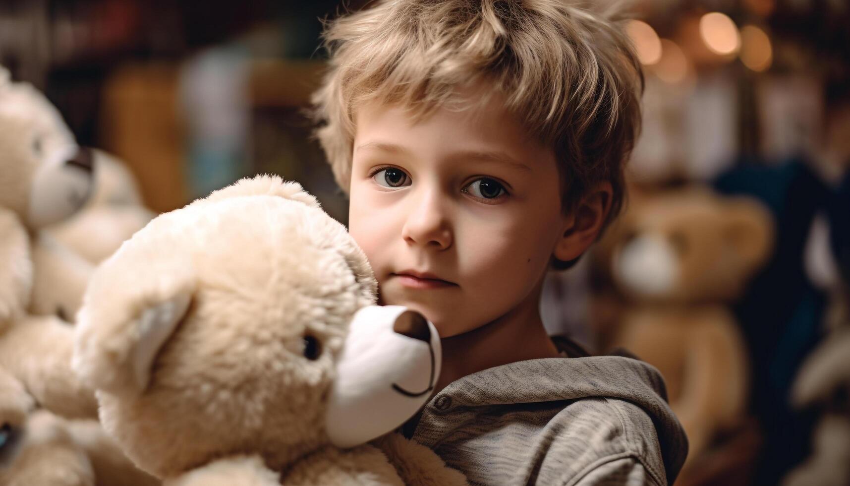 fofa criança pequena abraços Urso de pelúcia urso, cercado de brincalhão crianças dentro de casa gerado de ai foto