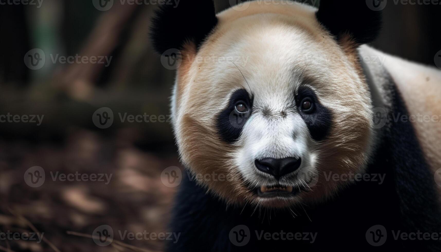 fofa panda olhando às Câmera dentro bambu floresta, Preto pele gerado de ai foto