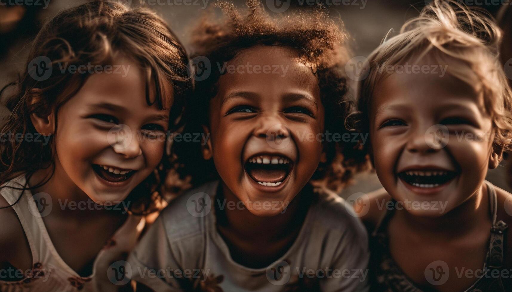 uma grupo do despreocupado crianças sorridente e jogando ao ar livre juntos gerado de ai foto