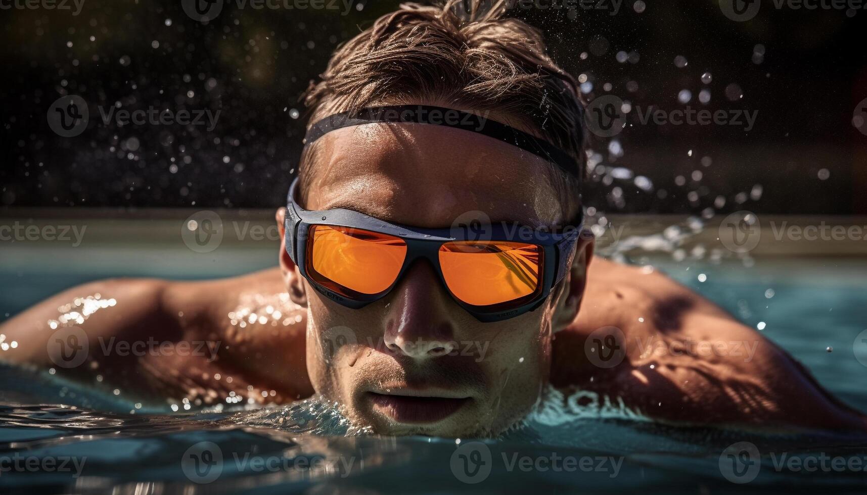 1 homem, caucasiano etnia, natação dentro piscina com óculos gerado de ai foto