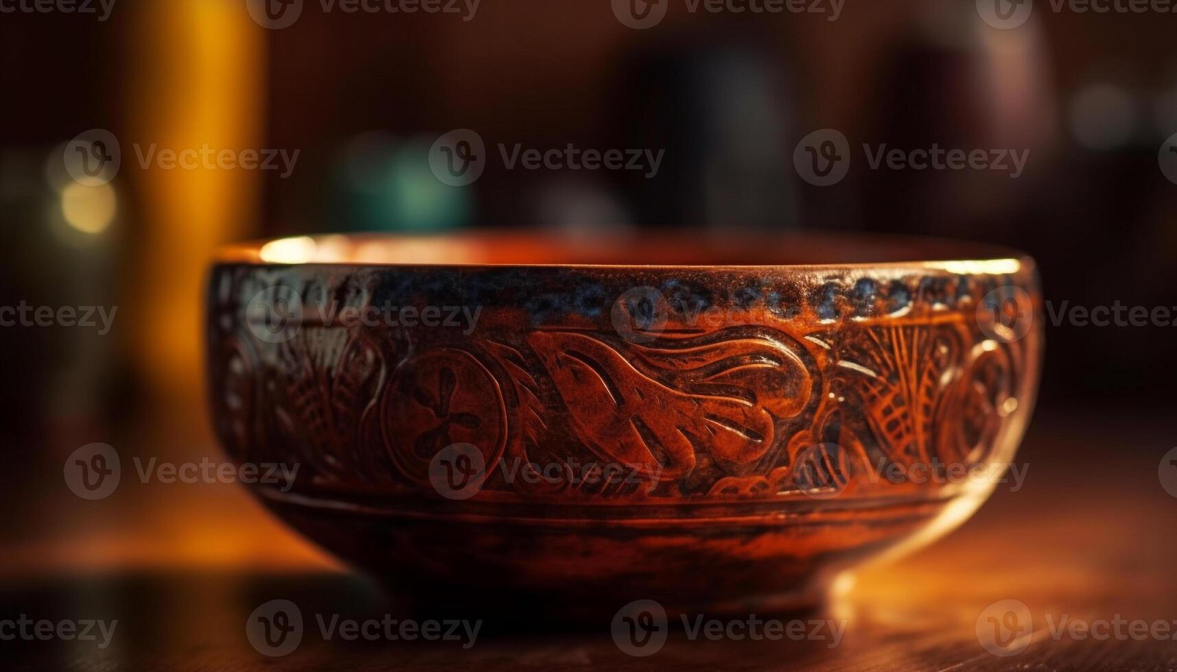 rústico louça de barro caneca em ornamentado de madeira mesa, chinês cultural decoração gerado de ai foto