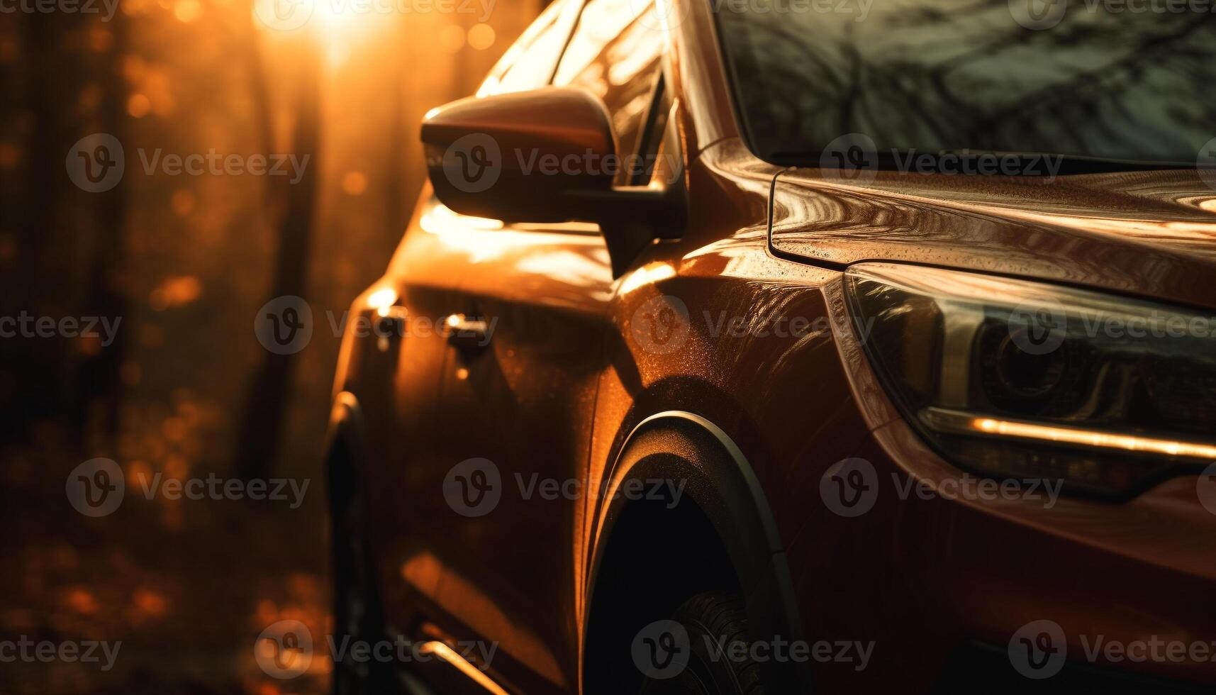 vintage carro dirigindo através cidade ruas às crepúsculo, faróis iluminado gerado de ai foto