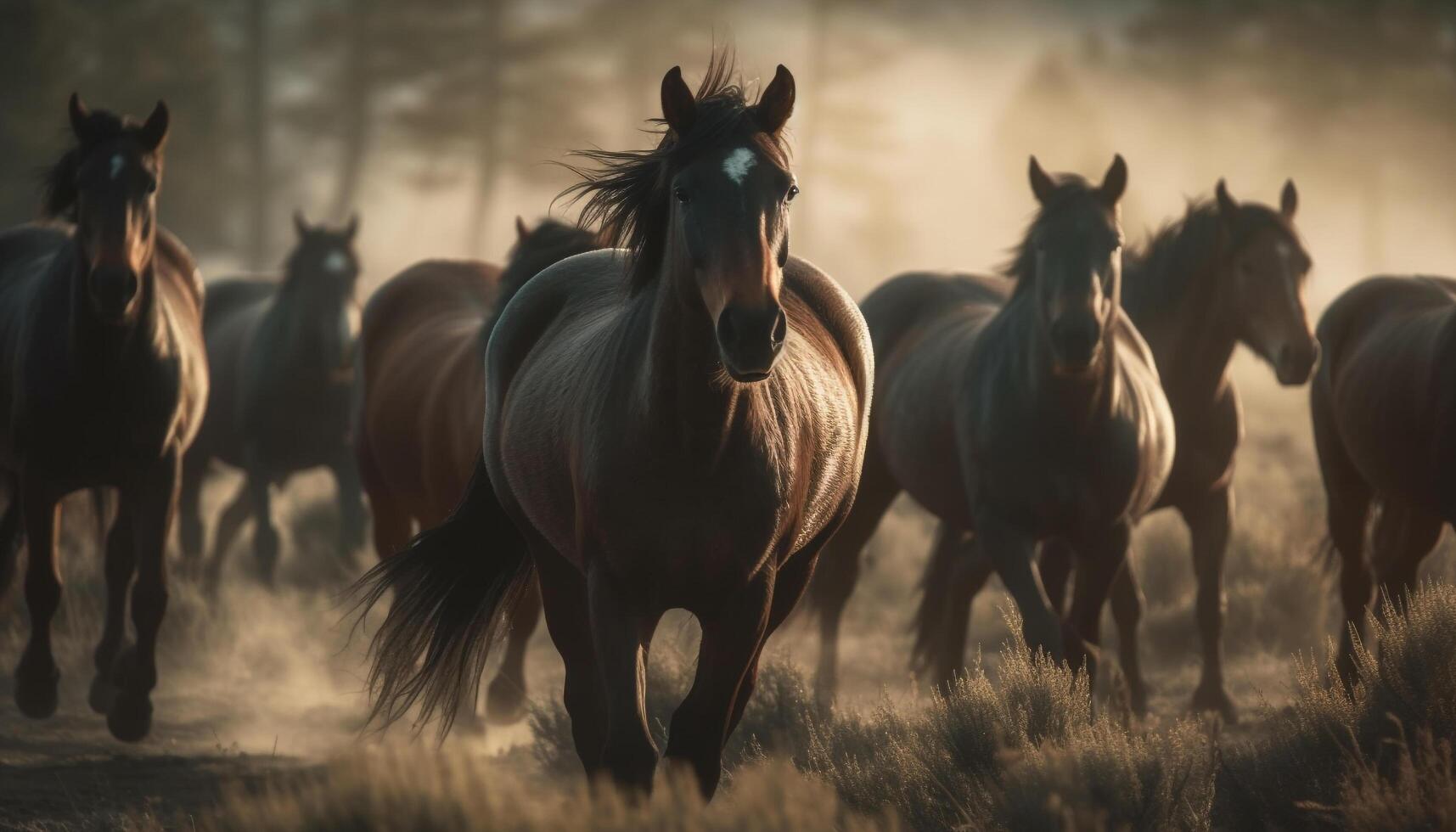 corrida rebanho do cavalos pastar dentro tranquilo Prado às pôr do sol gerado de ai foto