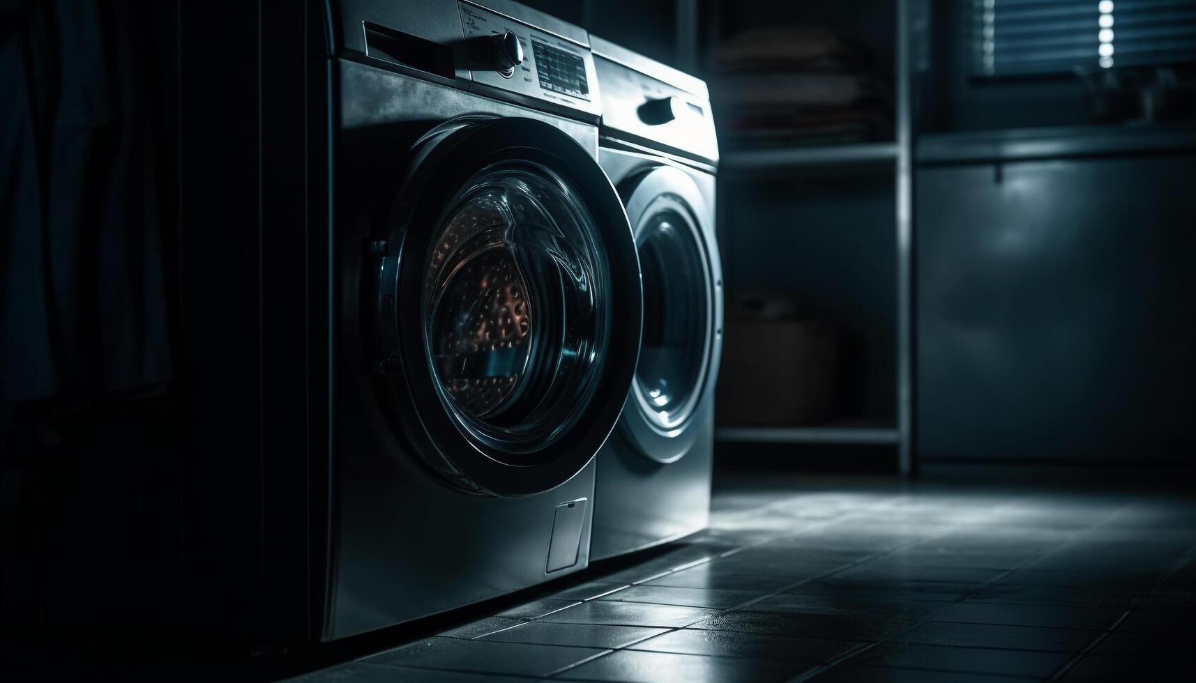 moderno lavando máquina fiação molhado roupas dentro inoxidável aço utensílio gerado de ai foto