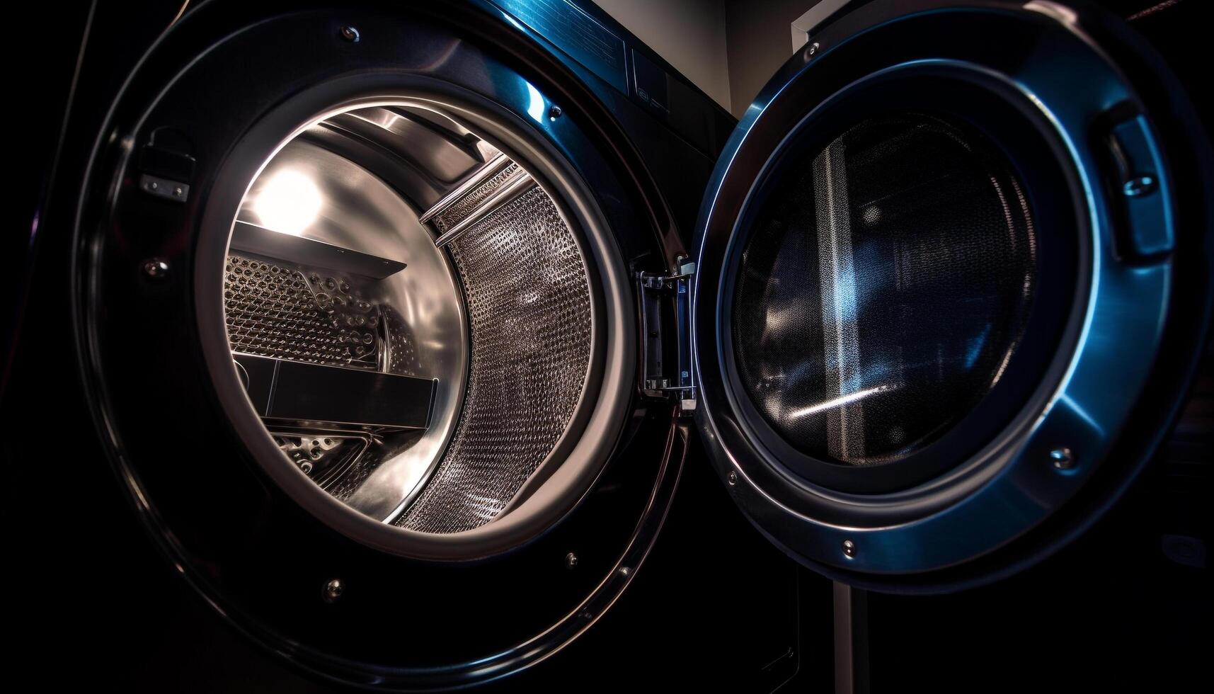 moderno lavando máquina rotaciona metálico roupas dentro limpar \ limpo lavanderia gerado de ai foto