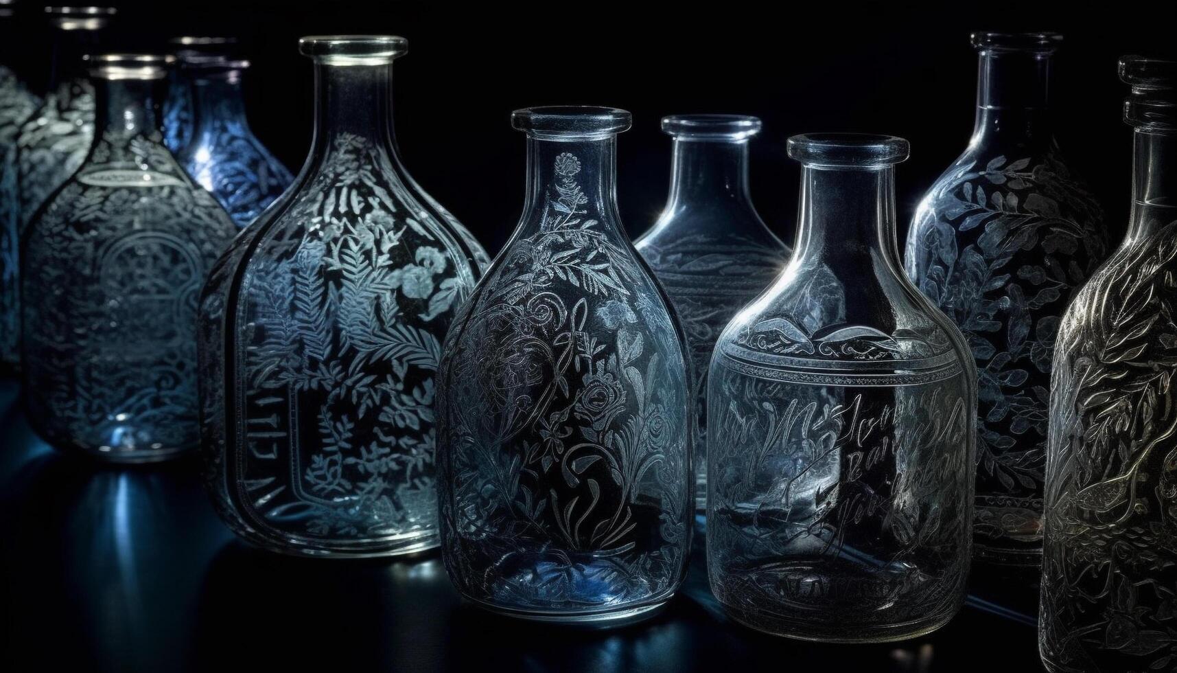 transparente vidro vaso com azul líquido e elegante vinho garrafa gerado de ai foto