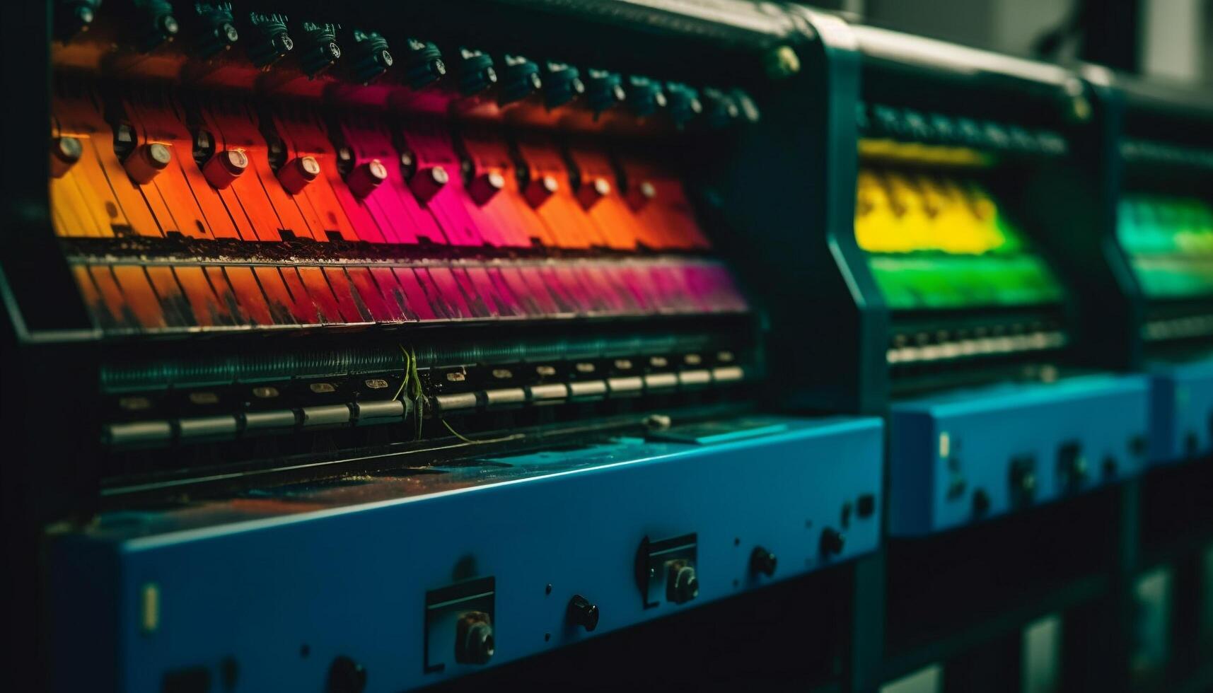 azul botão controles audio equipamento dentro iluminado gravação estúdio gerado de ai foto