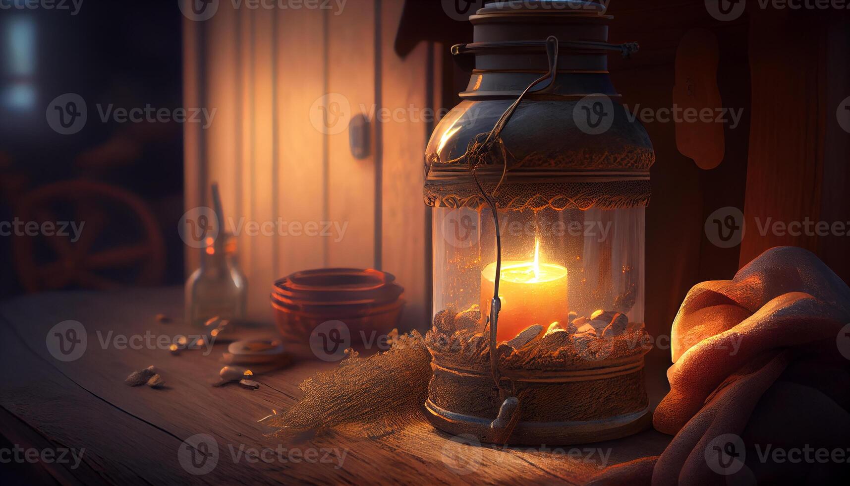 período noturno celebração com brilhando luz de velas em velho rústico mesa gerado de ai foto