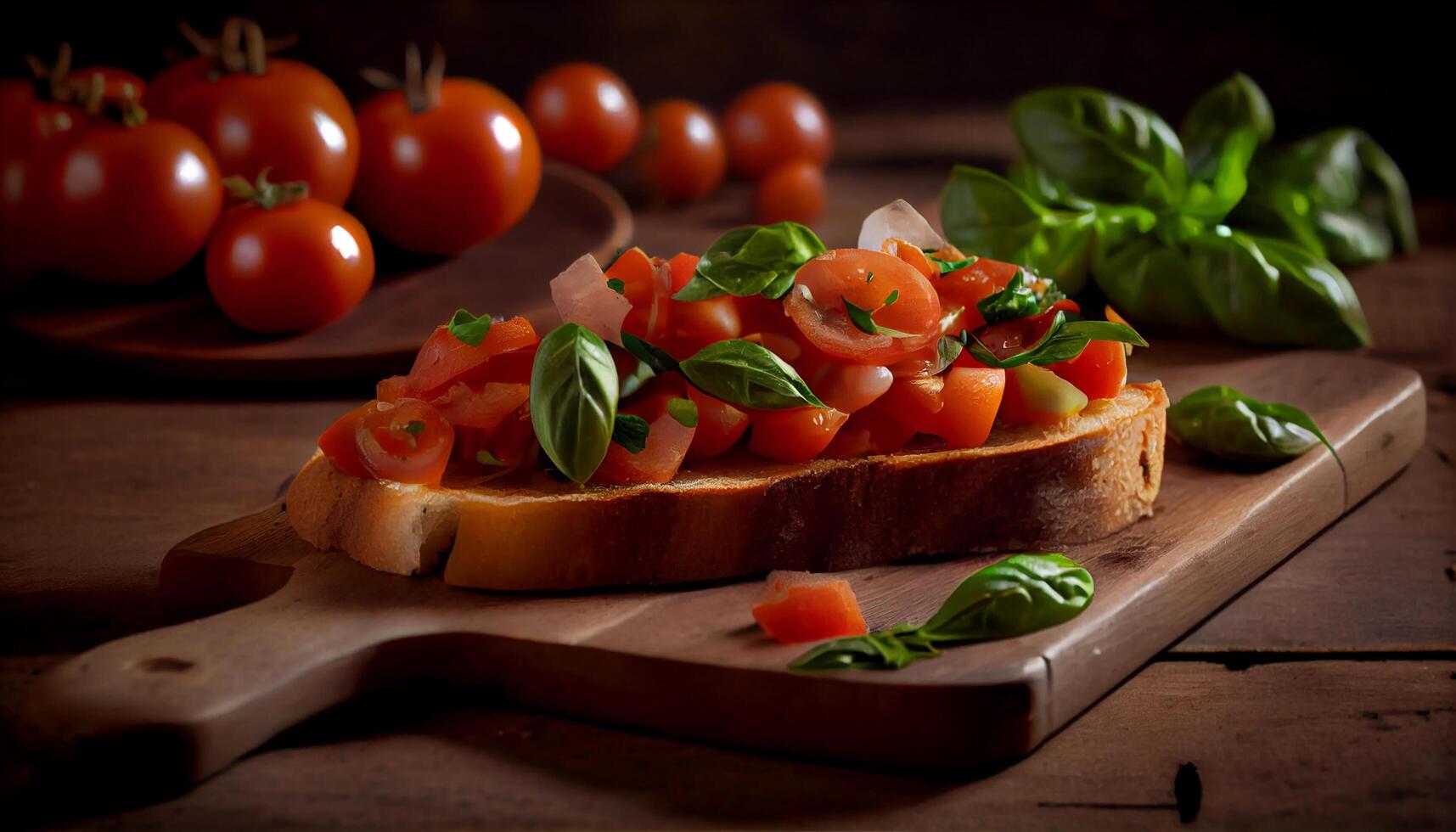 fresco tomate fatia em torrado ciabatta pão gerado de ai foto