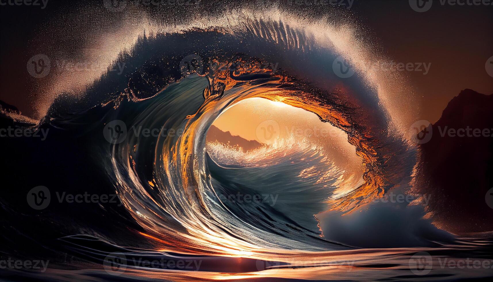 pôr do sol surfar majestoso ondas batida às crepúsculo , generativo ai foto