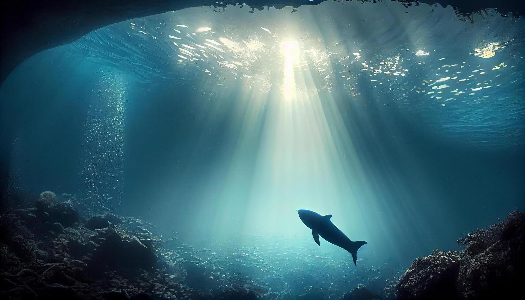 embaixo da agua aventura, azul paisagem marítima, 1 golfinho silhueta , generativo ai foto