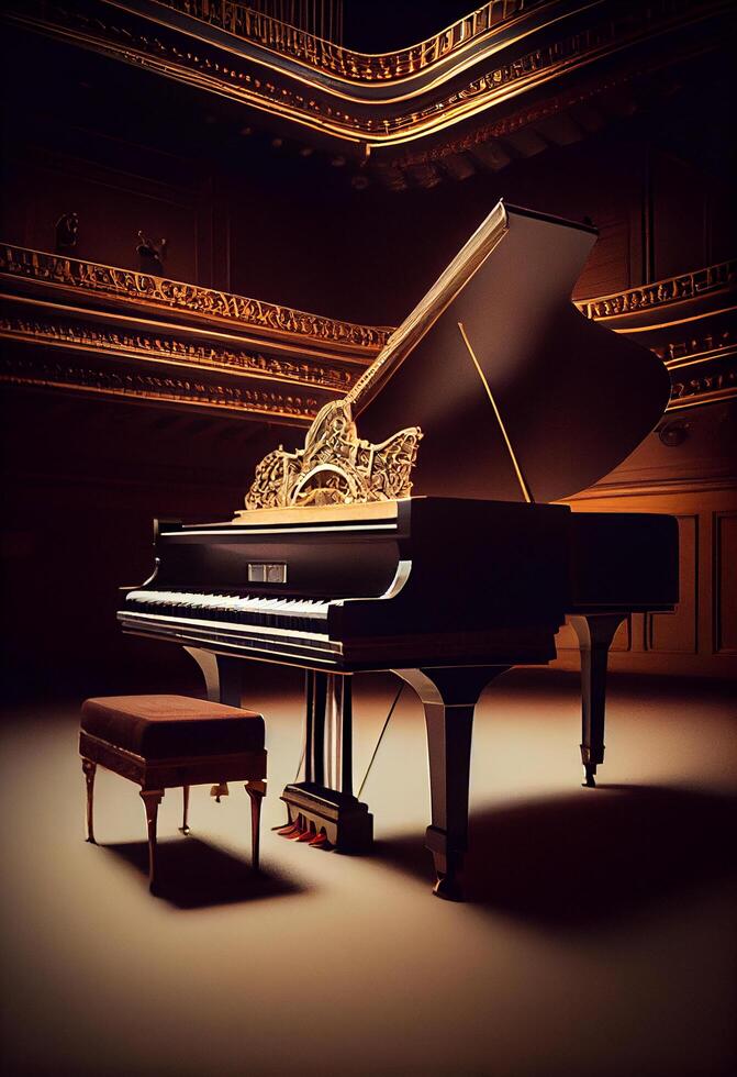 elegante grande piano e cadeira cena , generativo ai foto