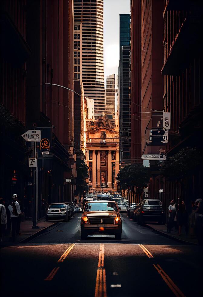 cidade vida edifícios, tráfego, e Horizonte às crepúsculo , generativo ai foto