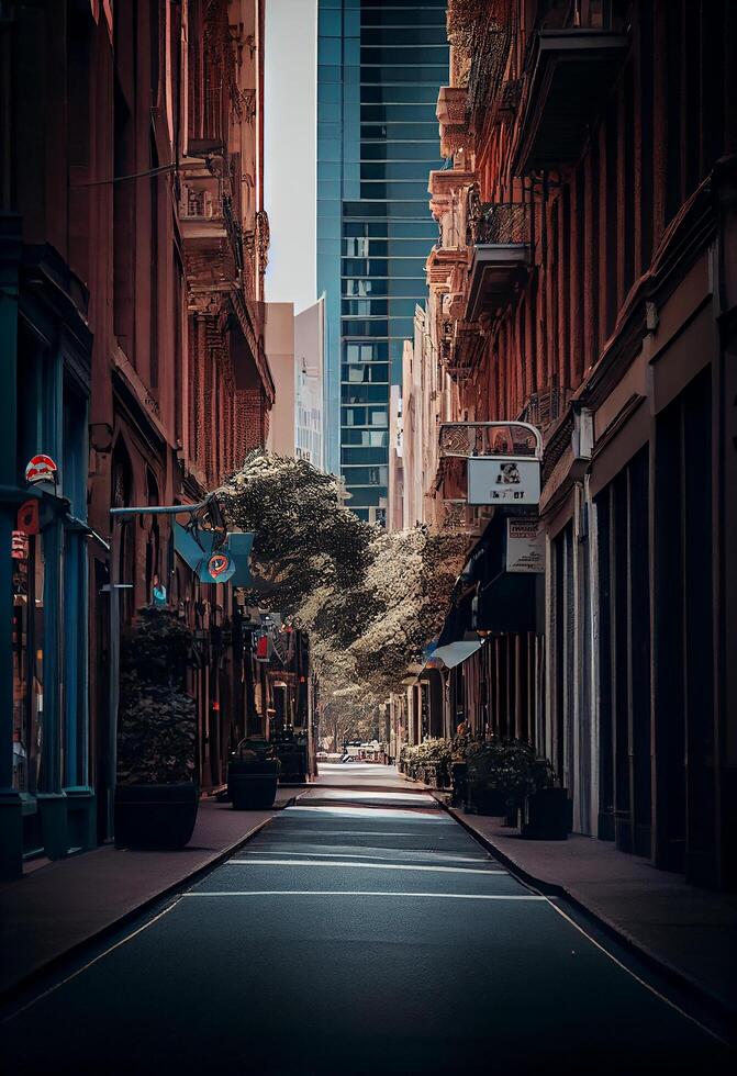 rua com plantas e edifícios cena , generativo ai foto