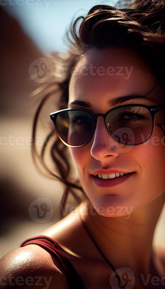 1 lindo caucasiano mulher dentro oculos de sol sorridente , generativo ai foto