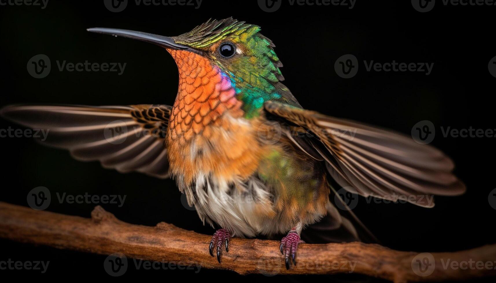 beija Flor empoleirar-se em filial, espalhando iridescente multi colori asas gerado de ai foto