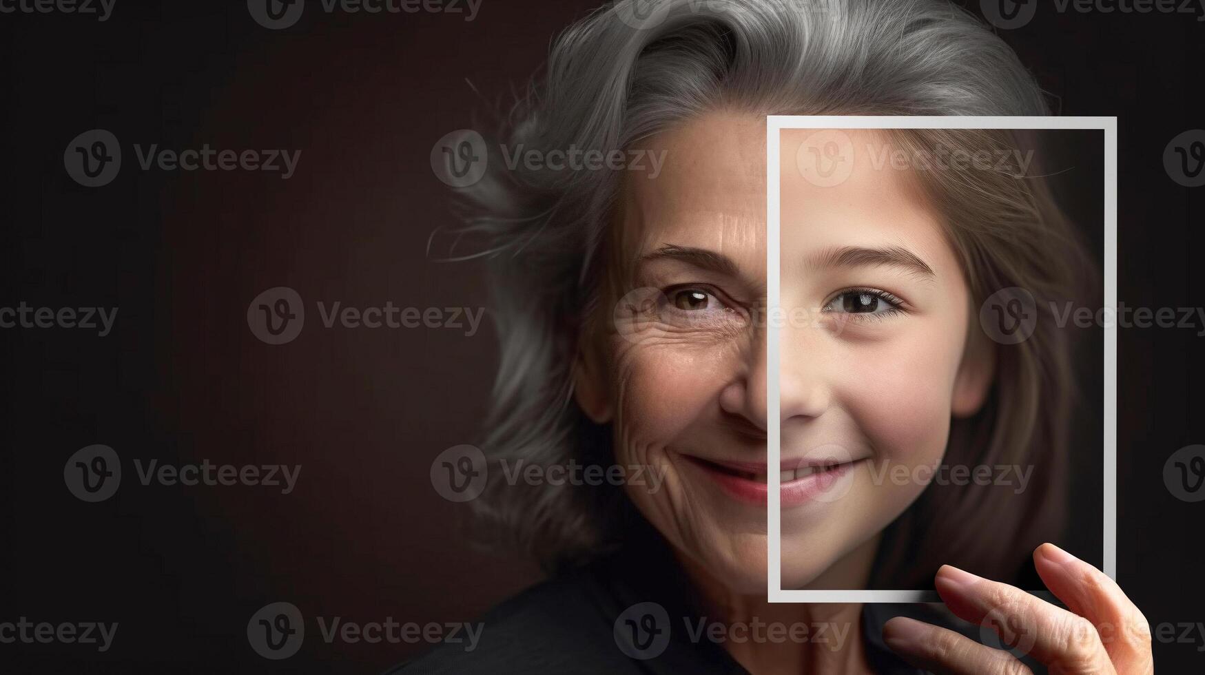 idosos mulher com enrugado pele retrato segurando uma foto do ela mesma Como uma jovem menina com perfeito pele - generativo ai.