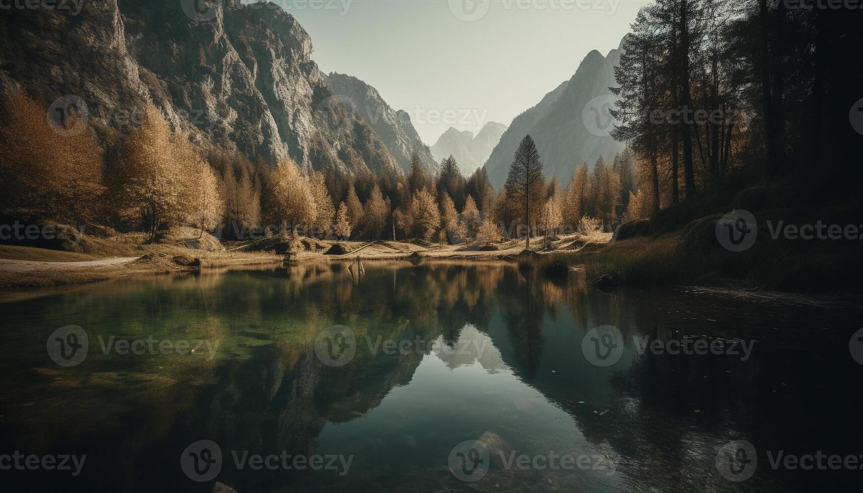 majestoso montanha pico reflete dentro tranquilo lagoa gerado de ai foto