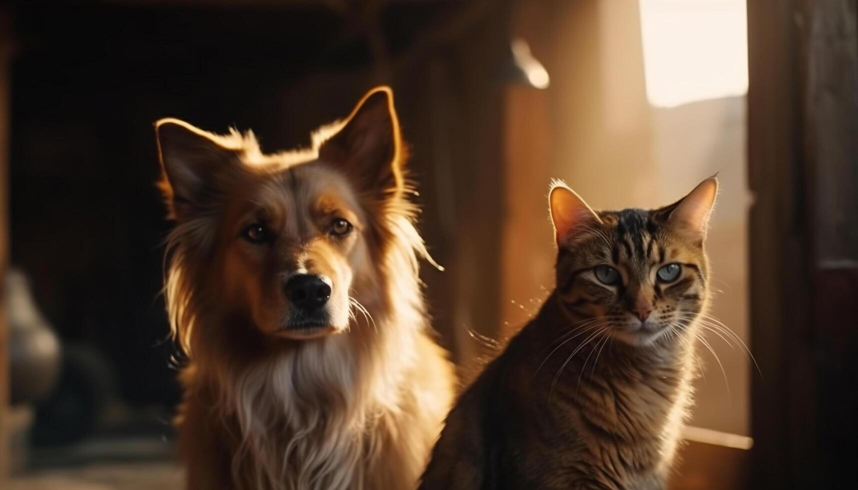 fofa doméstico animais sentado junto, olhando às Câmera gerado de ai foto