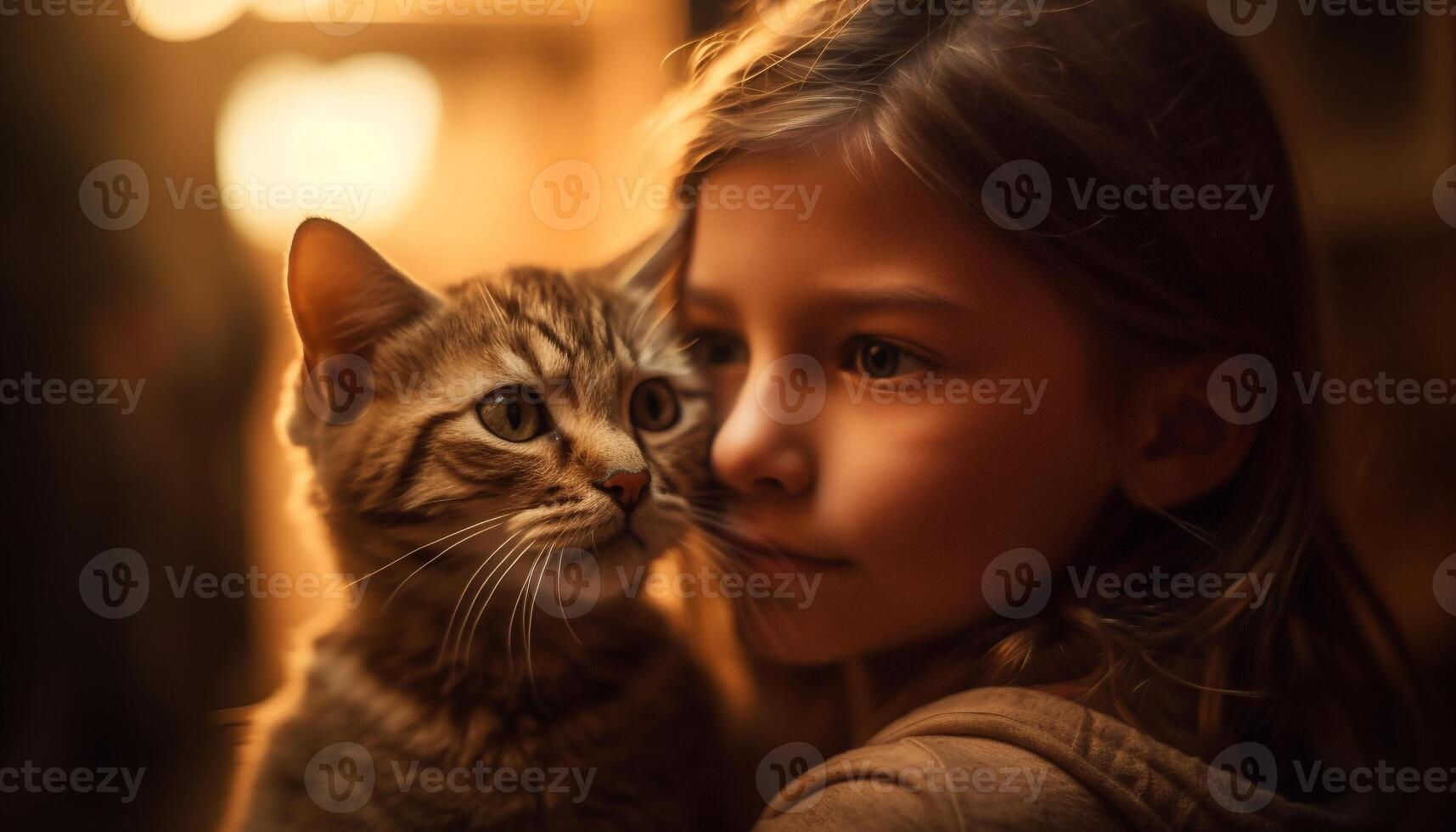 sorridente menina abraçando brincalhão gatinho dentro de casa alegremente gerado de ai foto