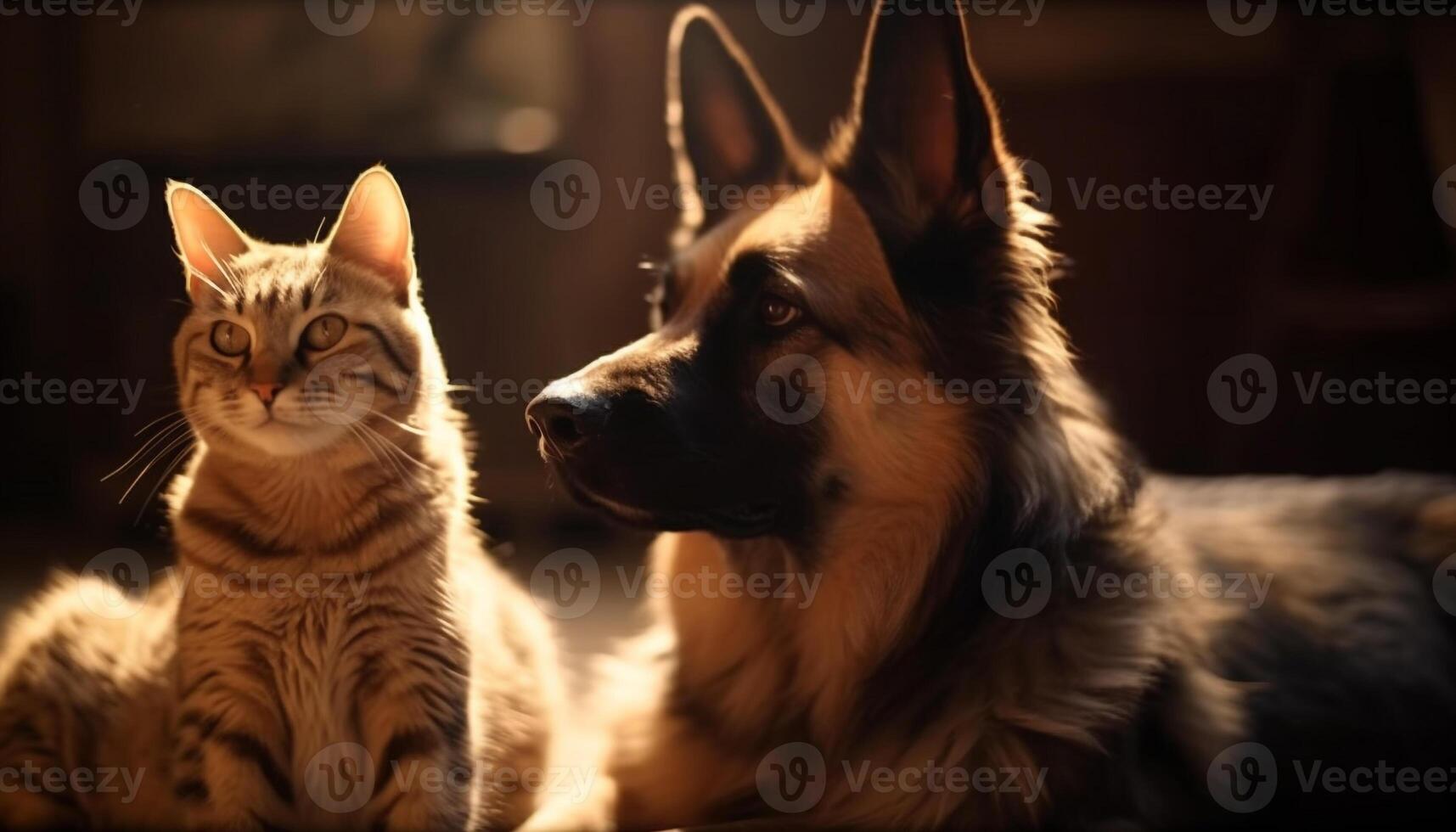 de raça pura alemão pastor e fofo amarelo gatinho jogando gerado de ai foto