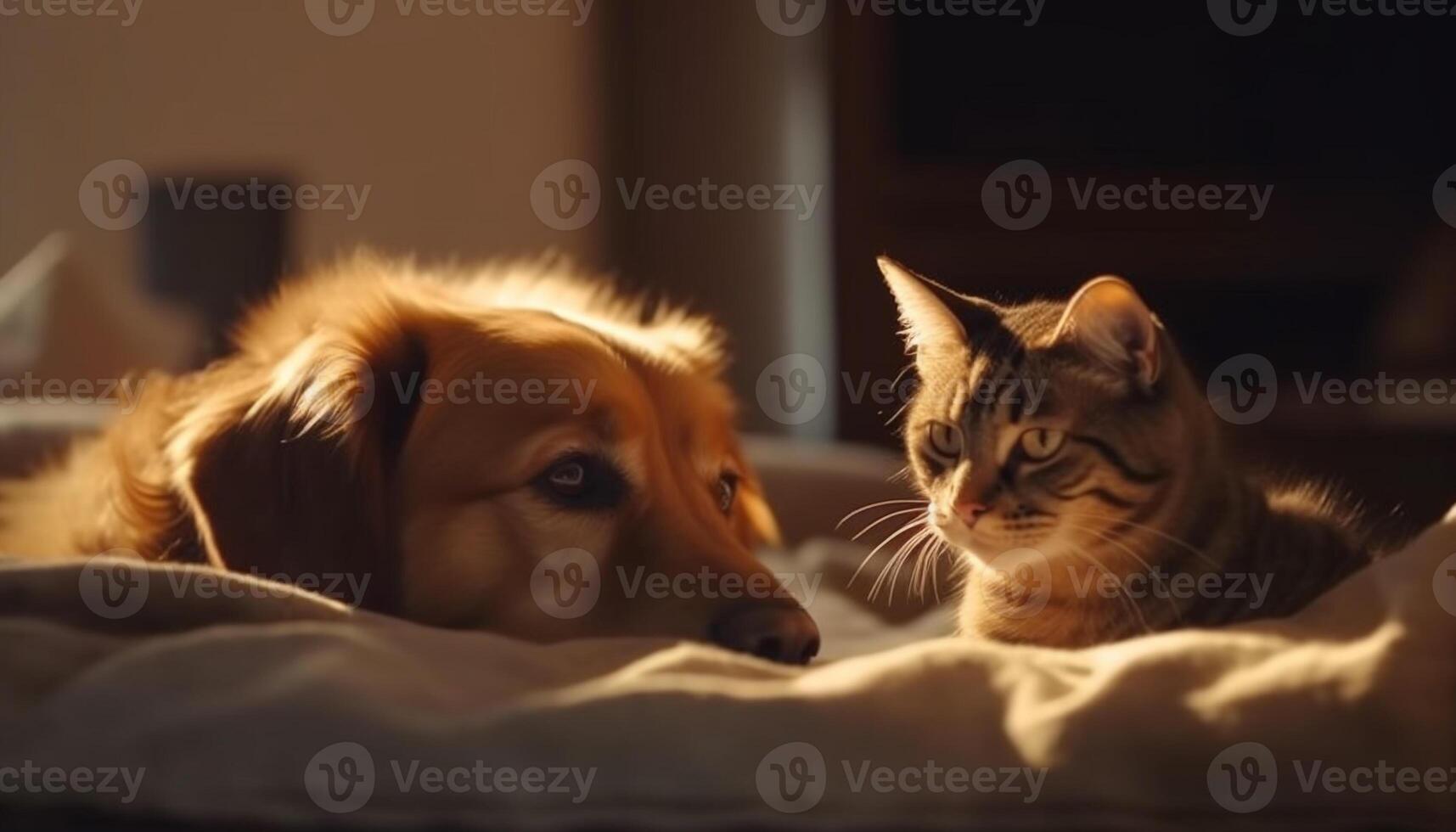 fofa cachorro e gatinho jogando em cama gerado de ai foto