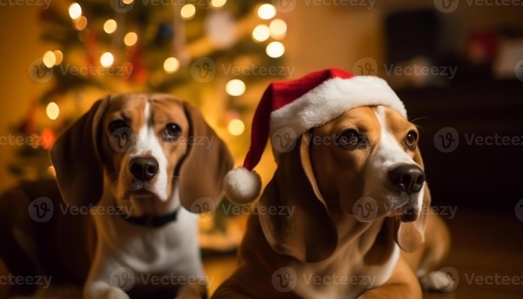 fofa de raça pura beagle cachorro sentado de Natal árvore gerado de ai foto